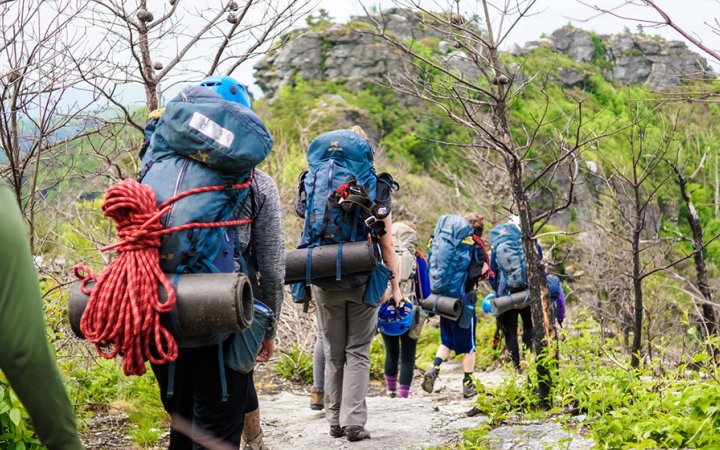 Troubled youth backpacking during outdoor education program in the Blue Ridge Mountains.  